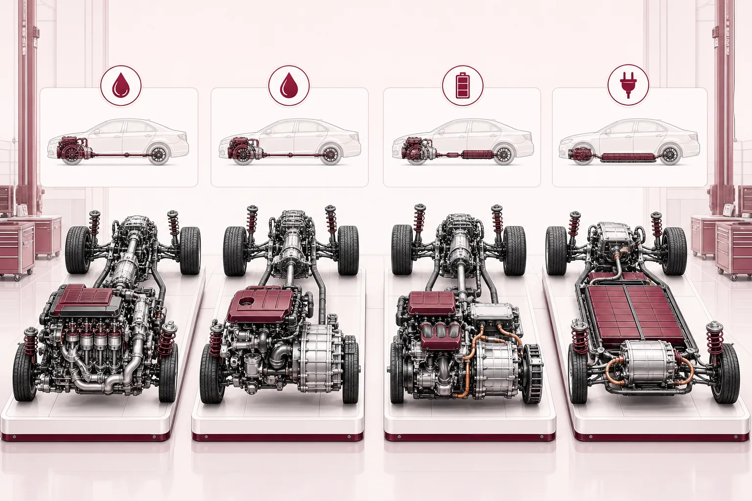Vergleich Benzin Diesel Hybrid und Elektroantrieb in technischer Darstellung, 1200x800 Pixel