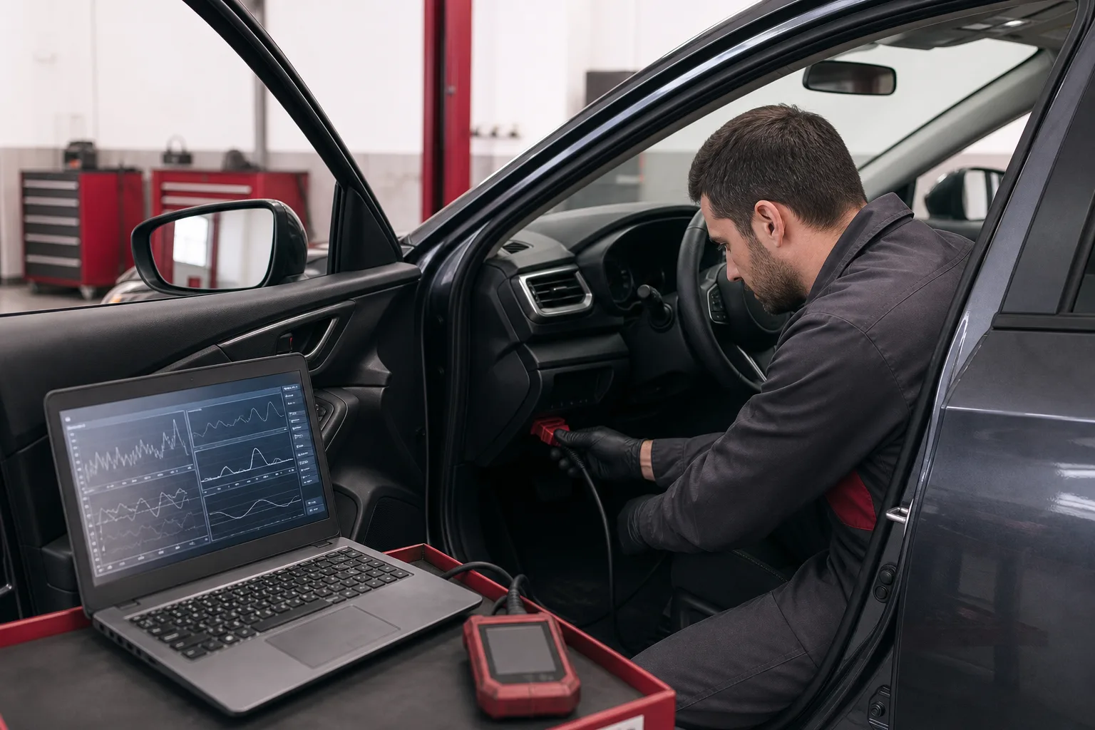 OBD Scanner Diagnose vor Gebrauchtwagenkauf in professioneller Werkstatt, 1200x800 Pixel