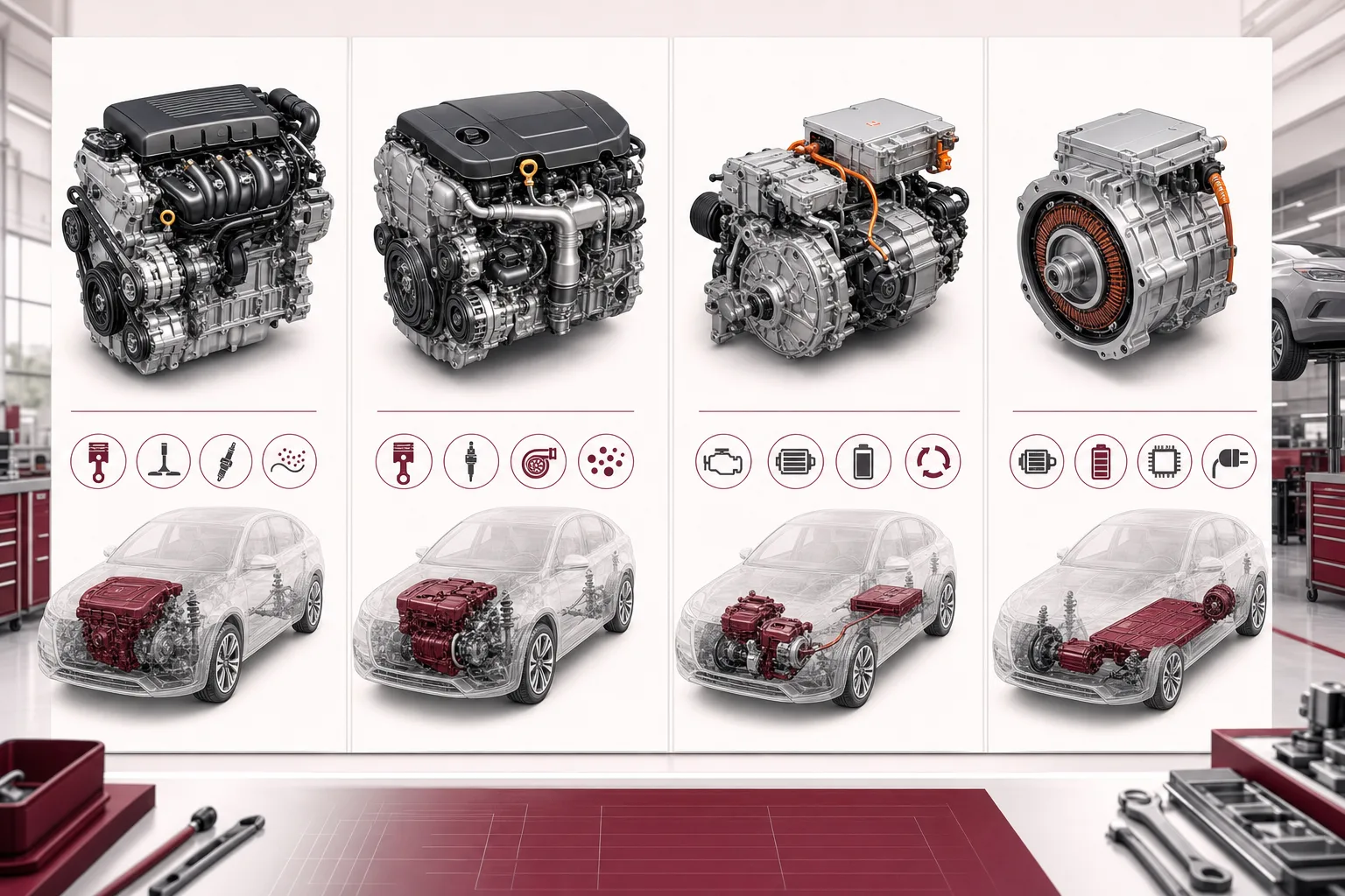 Vergleich verschiedener Antriebstechnologien Benzin Diesel Hybrid Elektro in Werkstattumgebung, 1200x800 Pixel