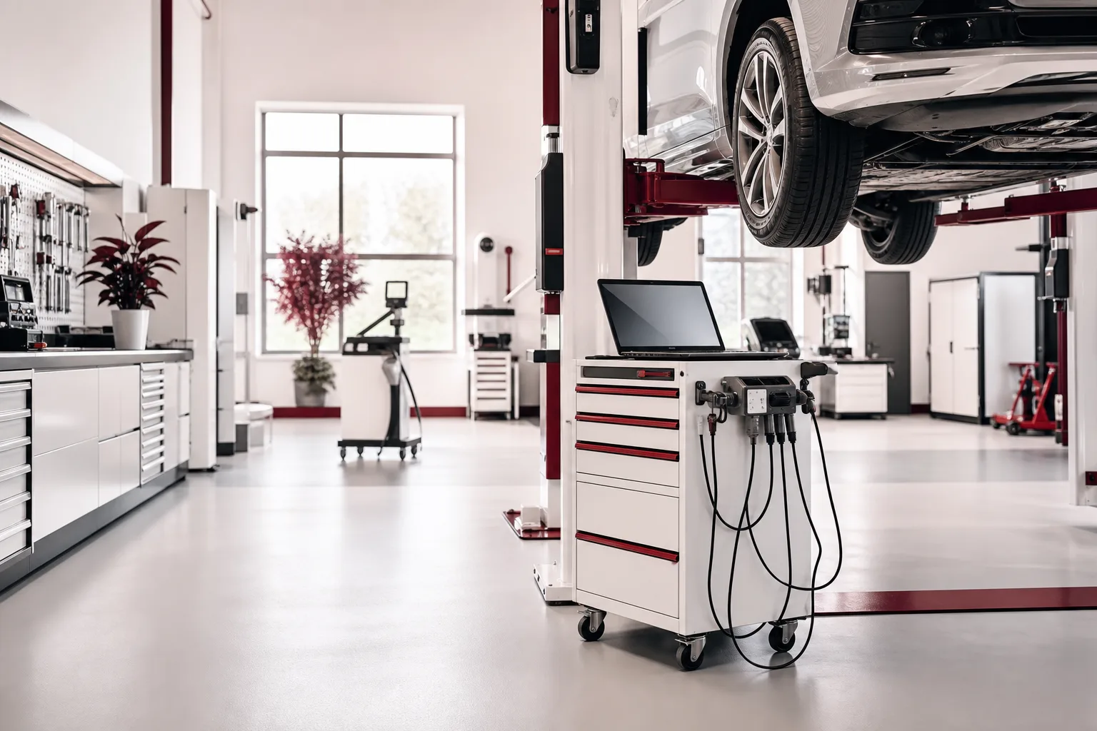 Moderne Werkstatt mit Fahrzeugdiagnose und Technologieanalyse, 1920x1080 Pixel